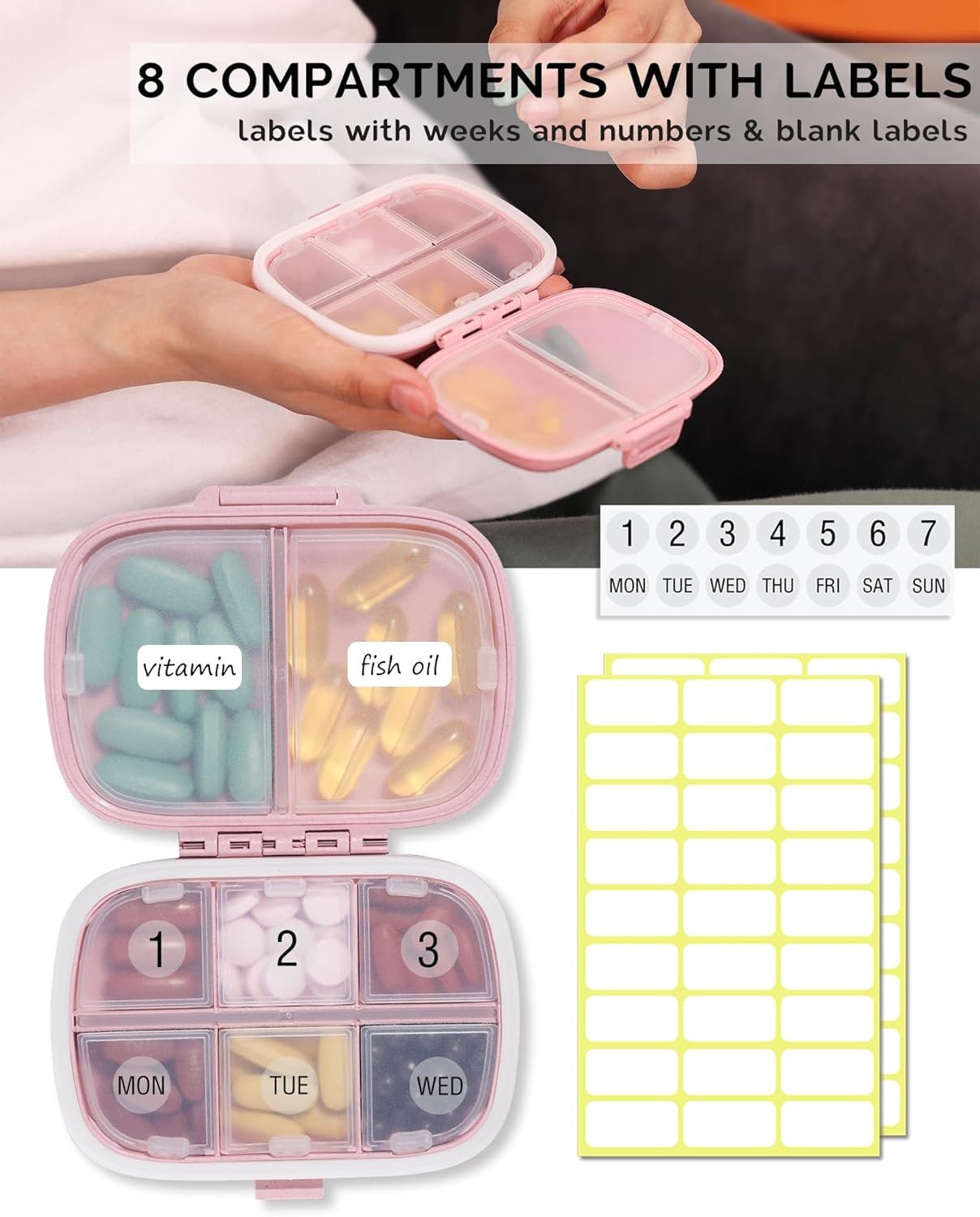3 Pack 8 Compartments Travel Pill Organizer, Daily... - Image 6