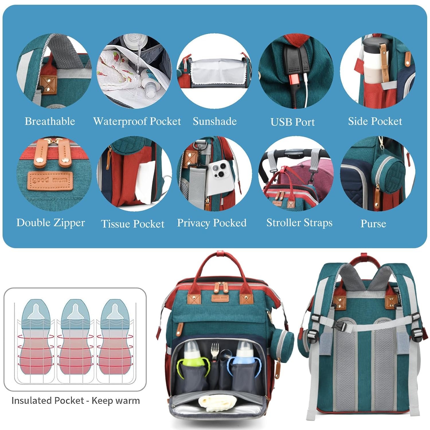 Jeryswet Baby Diaper Bags with Changing Station, W... - Image 6